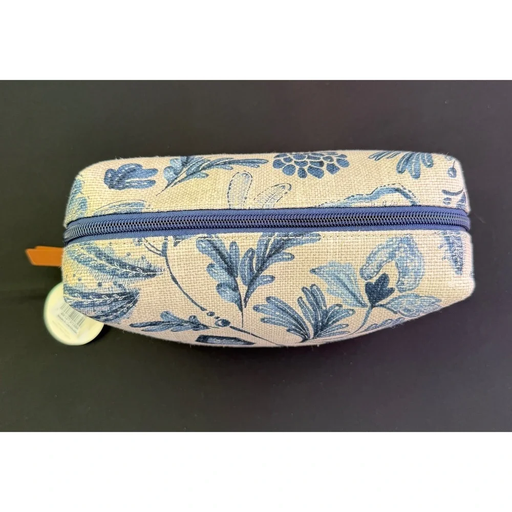 Spartina 449 Floral Linen Cosmetic Bag Blue Cream Toile Makeup Pouch Travel Case